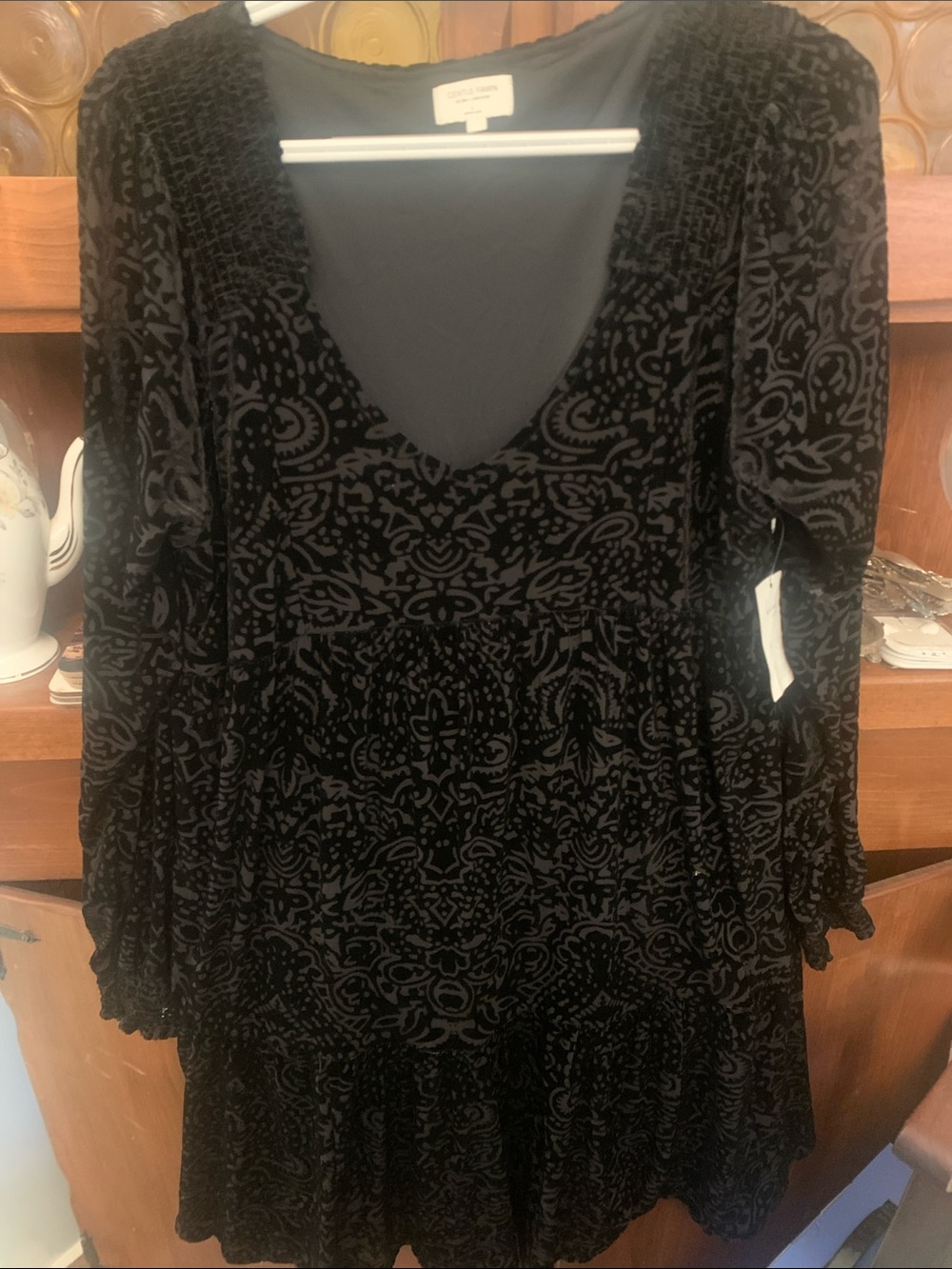 Gentle Fawn Black Velvet Burnout V-Neck Tiered Long Sleeve Dress